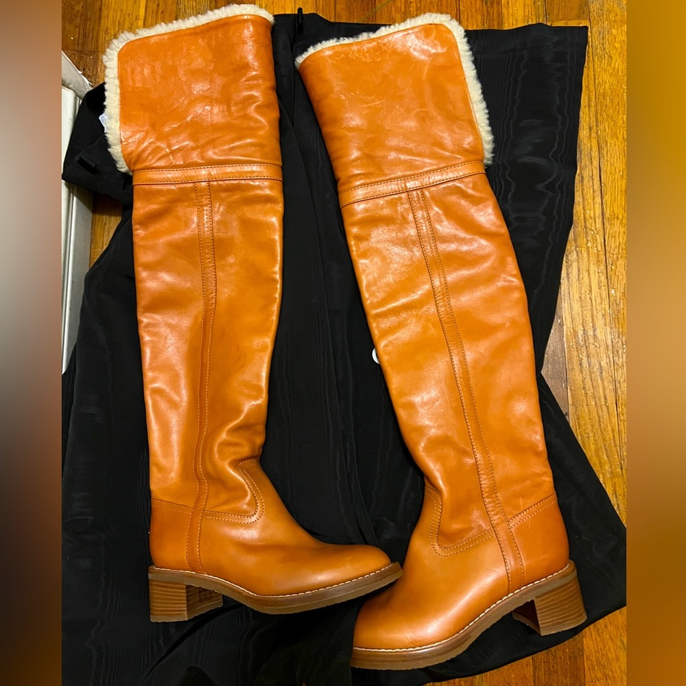 CELINE NEW SEASON 2020 LEATHER SHEARLING THIGH HIGH BOOTS US SZ 37.5 - Picture 1 of 6